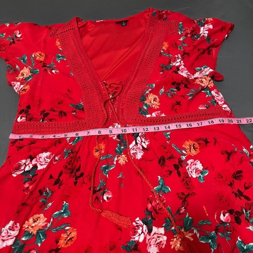 Torrid Women's 3X Red Floral Boho Flutter Sleeve Lace Up Eyelet Neck Dress Lined - Picture 8 of 9